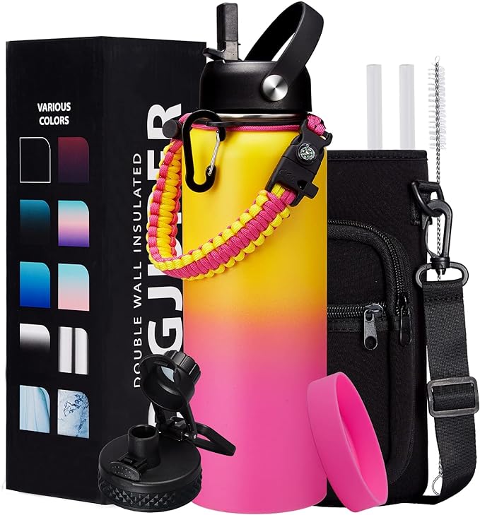 40OZ Insulated Stainless-Steel Water Bottle - Reusable Metal Water Bottles with Straw & Spout Lids, Paracord Handle & Bottle Carrier Pouch, Leakproof Workout Water Bottle Flask for Women Men