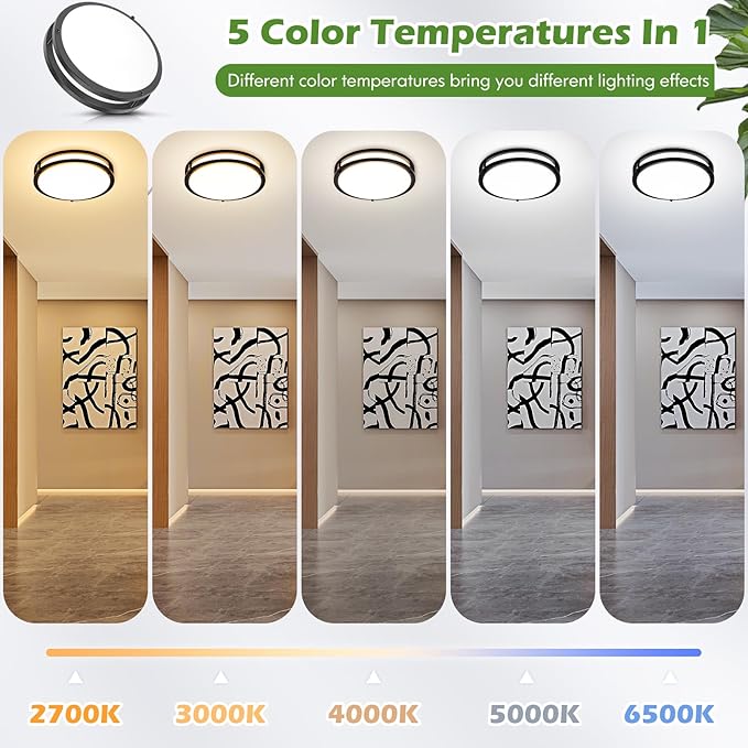 2-Pack 50W Dimmable Flush Mount Ceiling Lights, 16 Inch Black LED Ceiling Light with 5 Color Temperatures in One Selectable, 5400LM Modern Close to Ceiling Light Fixtures for Livingroom Dining Hallway