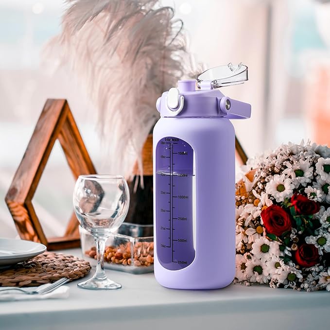 64 oz Glass Water Bottle with Straw and 2 Lids, Half Gallon Water Bottle with Sleeve, Large Insulated 2 Liter Glass Water Jug Time Marker with Handle - Purple