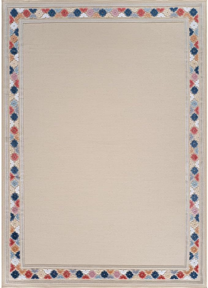 Beverly Rug Outdoor Rug 5x7 Modern Bordered Area Rugs for Indoor and Outdoor Patio Easy to Clean Non Shedding Living Room Porch Garden Washable Outside Carpet (5 x 7 Beige)