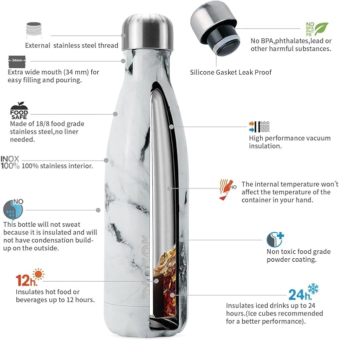 BJPKPK Insulated Water Bottles -17oz/500ml -Stainless Steel Water Bottles,Sports Water Bottles Keep Cold for 24 Hours and Hot for 12 Hours,BPA Free Water Bottle,Marble Frozen