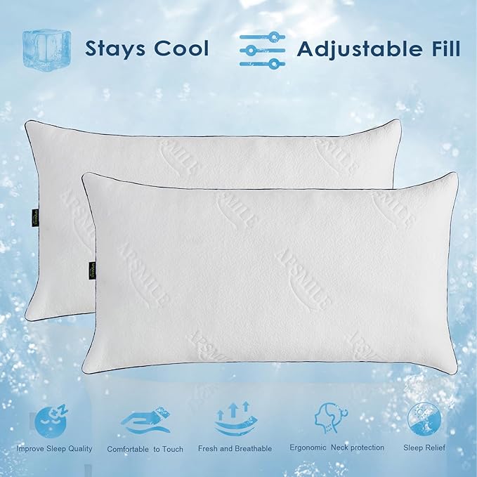 APSMILE Shredded Memory Foam Pillows King Size Set of 2, Adjustable Luxury Cooling Pillows for Neck Pain, Hotel Firm Bed Pillows for Sleeping, Essentials for Side/Back Sleeper (White,18"x34")