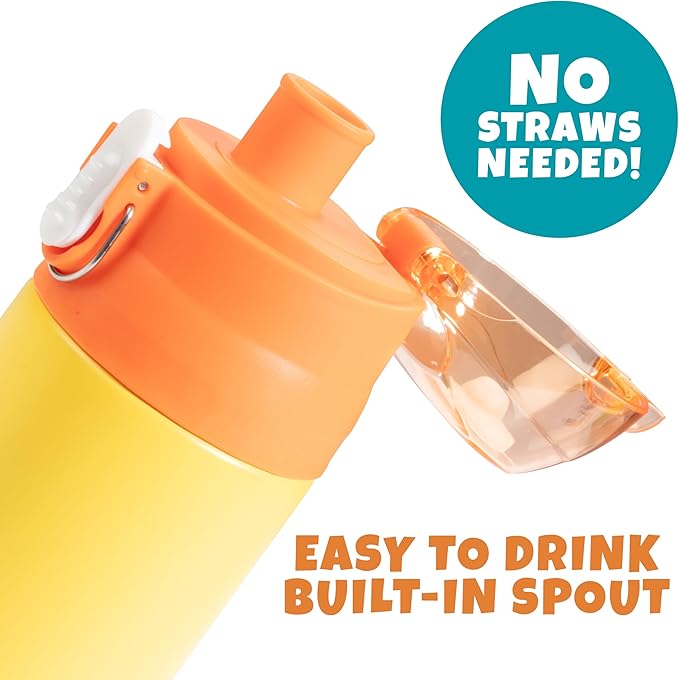 Bentology Stainless Steel 13oz Insulated Kids Water Bottle w Built In Straw- Easy to Open, Reusable BPA-Free, Fits in Most Lunch Boxes for Boys, Girls, School, Sports, Camp- Keep Drink Cold All Day