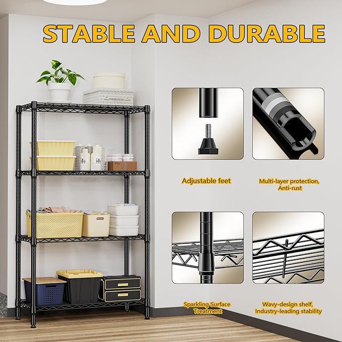 1000 lbs 4 Tier Shelf Metal Storage Shelves Shelving Wire Rack Heavy Duty Closet Organizers for Garage Kitchen Bathroom Laundry Black 15.7" D x 33.5" W x 59.5" H