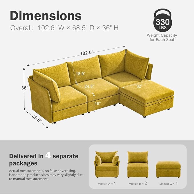 102.6" Modular Sectional Sofa, L Shaped Couch Set for Living Room, 3-Seater Comfy Cloud Couches with Movable Storage Ottoman,DIY Combination - Chenille Yellow