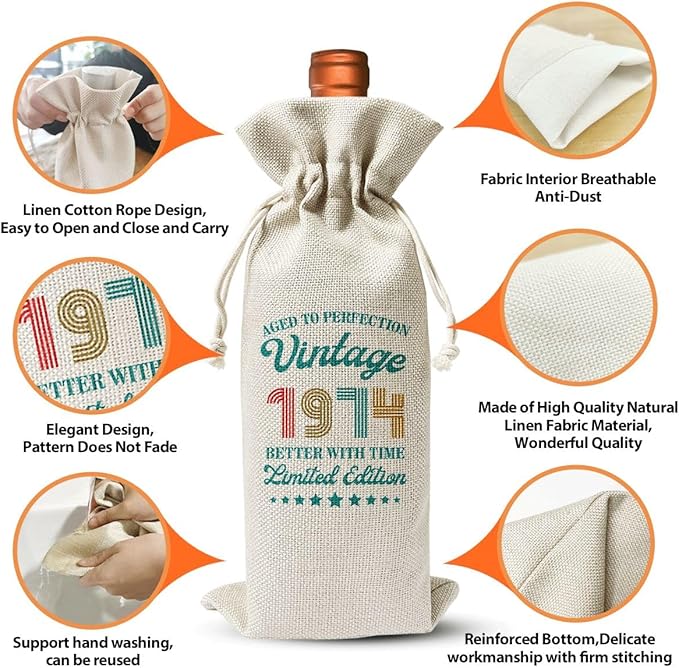 50th Birthday Wine Gift Bag For Best Friend Mom Dad Women Men, 50th Birthday Party Decor Favors, 1974 Birthday Idea Gift, 50th Anniversary Wine Bag, Drawstring Burlap Wine Bottle Bag