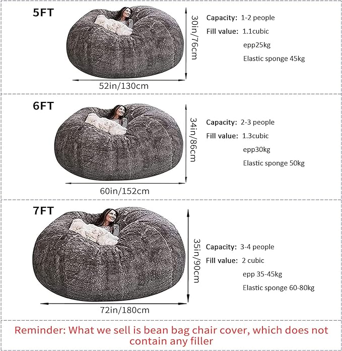 Big Huge Giant Bean Bag Chair for Adults, (No Filler) Bean Bag Chairs in Multiple Sizes and Colors Giant Foam-Filling Required- Machine Washable Covers, Double Stitched Seams (Pink,6FT)