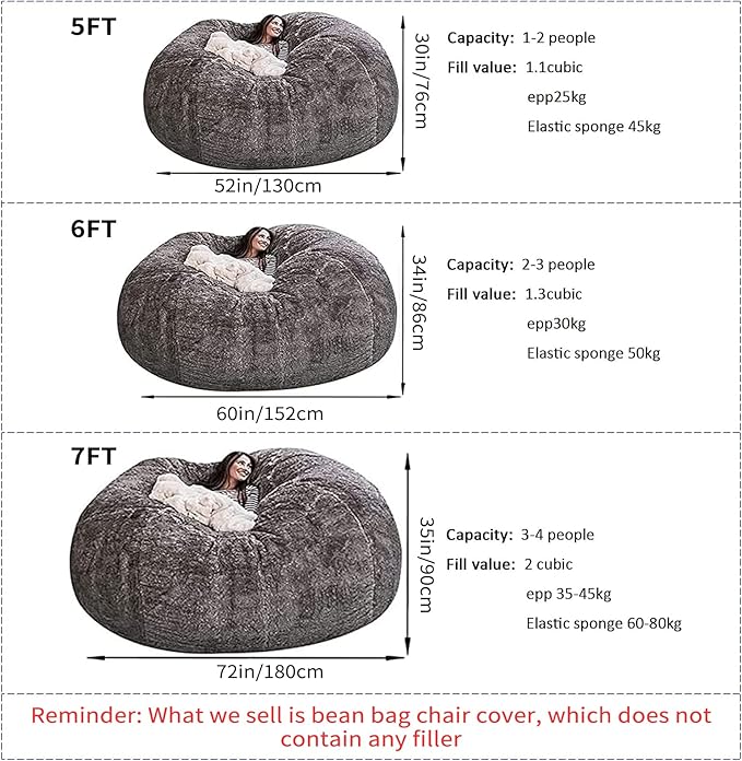 Big Huge Giant Bean Bag Chair for Adults, (No Filler) Bean Bag Chairs in Multiple Sizes and Colors Giant Foam-Filled Furniture - Machine Washable Covers, Double Stitched Seams (Pink,5FT)