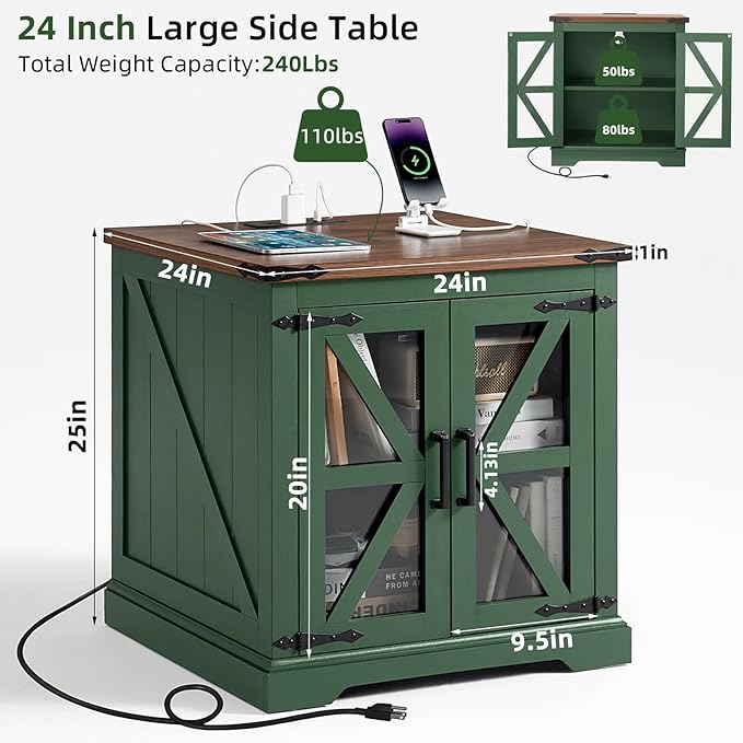 24" End Table Set of 2 with Charging Station, Farmhouse Night Stand with Glass Barn Door, Nightstands with Adjustable Storage Shelf, Large Wood Square Bed Side Table for Living Room, Bedroom