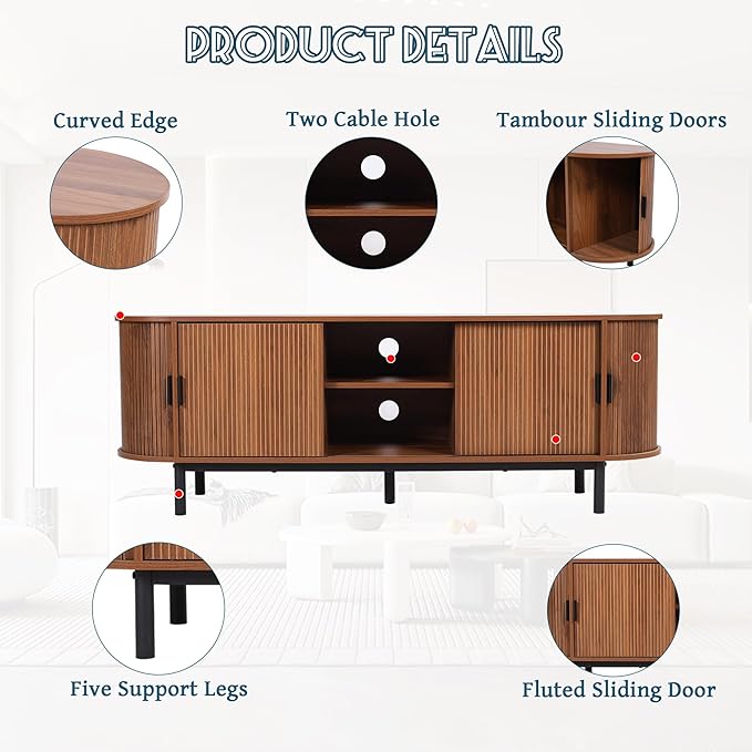 62" Tambour Door TV Stand,Wood Mid Century Modern TV Cabinet for Up to 70“ TV,Curved Edge Long TV Stand with Storage for Bedroom Living Room(Walnut, 62.2inch)