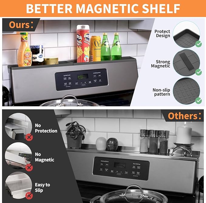 BFONS 30" Magnetic Stove Top Shelf Spice Rack Storage, Silicone Top Heat Material Stove Rack Shelf Flexible Seasoning Organizer Kitchen Shelves Gadgets with 2 Functional Prtitions for Kitchen （Grey）