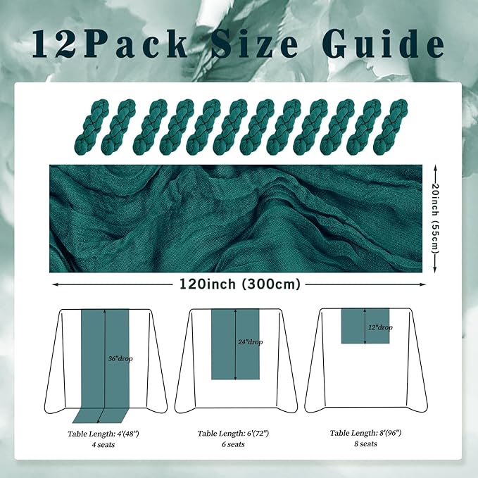 12 Pack Teal 10FT Cheesecloth Table Runner Rustic Gauze Cheese Cloth Table Runner for Wedding Bridal Baby Shower Table Decorations Boho Fabric Sheer Birthday Party Table Decor 20 x 120 Inch Long