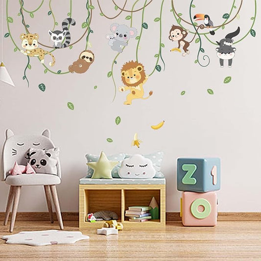 Animals Climbing Trees Wall Stickers - Lion Monkey Sloth Koala Toucan Wall Decals - Baby Nursery Kids Room Daycare Playroom Classroom Wall Decor
