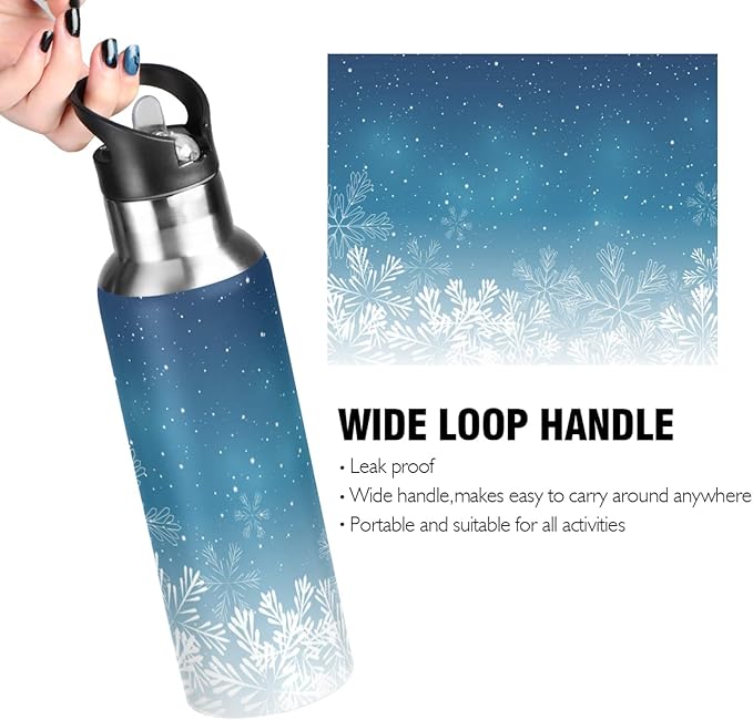 Blue Christmas Snowflake Sports Water Bottle, 22 Oz BPA Free Non-Toxic Stainless Steel Water Bottle with Straw for Gym Yoga Fitness Camping