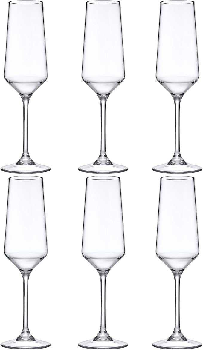 Amazing Abby - Stella - 8-Ounce Unbreakable Tritan Champagne Flutes (Set of 6), Plastic Wine Glasses, Reusable, BPA-Free, Dishwasher-Safe, Perfect for Poolside, Outdoors, Camping, and More