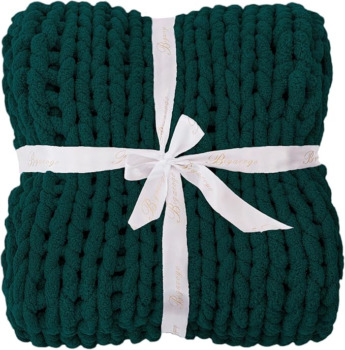 Bigacogo Chunky Knit Throw Blanket for Couch, 40x40 inches, 100% Hand Knitted with Thick Jumbo Chenille Yarn, Cozy Soft Large Rope Knot Cable Crochet Blankets for Sofa Bed Living Room, Dark Green