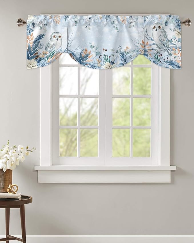 Blue Christmas Blackout Tie Up Valance Curtains for Kitchen Windows Winter Snowy Owl Poinsettia Eucalyptus Leaves Window Toppers Balloon Shades for Living Room/Bathroom/Bedroom,1 Panel, 60" X 18",