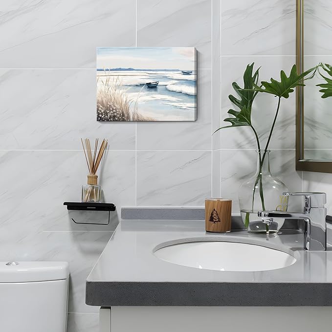 amatop Coastal Wall Art - Nautical Ocean Canvas Print with Light Blue & White Seascape, Boat, Reeds - Beach Picture for Modern Farmhouse, Lake House, Bedroom, Bathroom, Beach-Themed Artwork，16x12