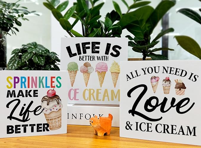 3 Pcs Summer Ice Cream Wood Box Signs Decor Farmhouse Summer Ice Cream Tiered Tray Decor Table Desk Shelf Kitchen Decoration Rustic