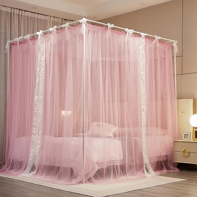 4 Corners Post Princess Curtain Bed Canopy Lace Up Double Layer 4 Opening Mosquito Net Mesh for Girls Bedroom Decoration(Pink/White, 53" W*78" L*82" H/Full)
