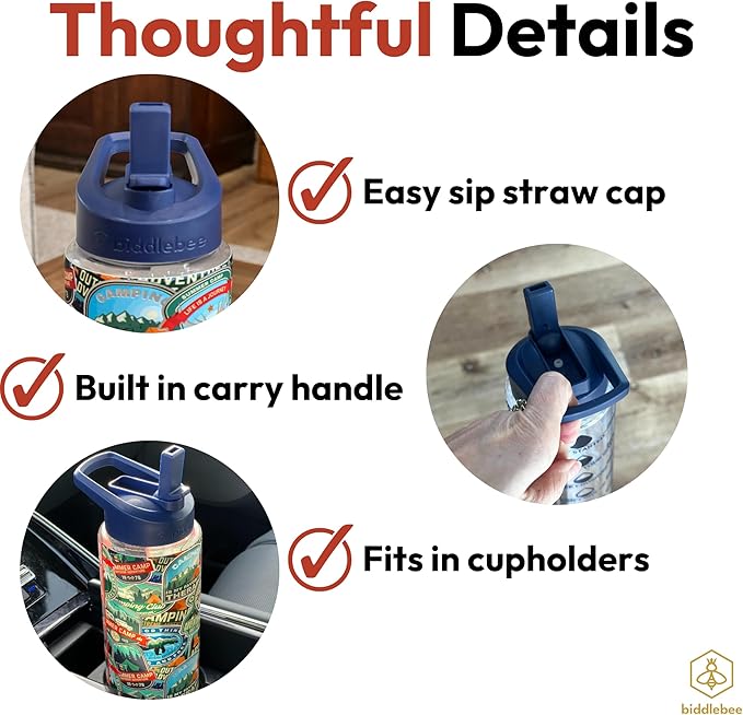 Biddlebee 32oz. Hydration Tracker Water Bottles with Times To Drink | Big Motivational Water Bottle with Time Marker, Straw Lid, & Measurements | BPA-Free