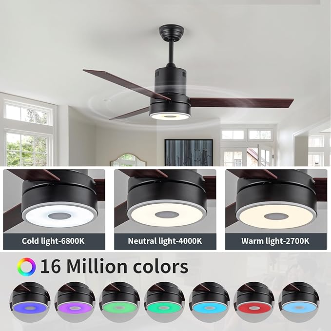 52 Inch Ceiling Fan with RGB Dimming LED Light,with Music Bluetooth Speaker,with Remote Control,3-Speed Regulation, Reversible Motor,Timing,for Living Room,Bedroom,Restaurant,Outdoor