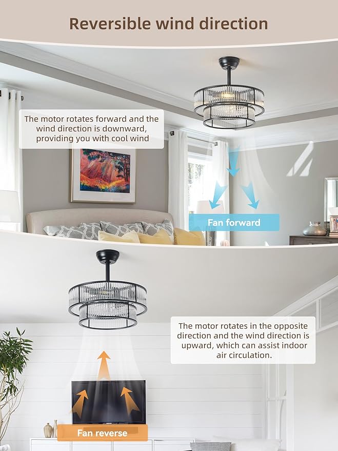 20" Black Crystal fandelier Ceiling Fan with Lights,Black Caged Chandelier Ceiling Fan with Light Remote Control,Enclosed Mid Century with 6 Speeds for Bedroom,Living Room,Nursery