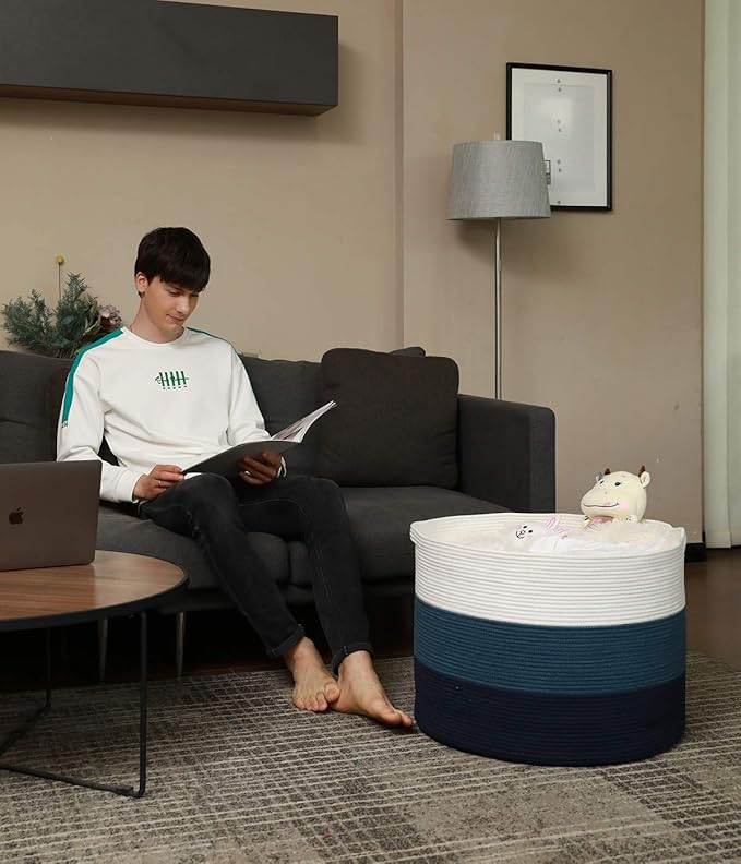 24" x 24" x 17" Max Size Large Cotton Rope Basket, Extra Large Storage Basket, Woven Laundry Hamper, Cloth Storage Bin, for Blankets Clothes Towels Pillows in Living Room, Dark Blue/Deep Blue