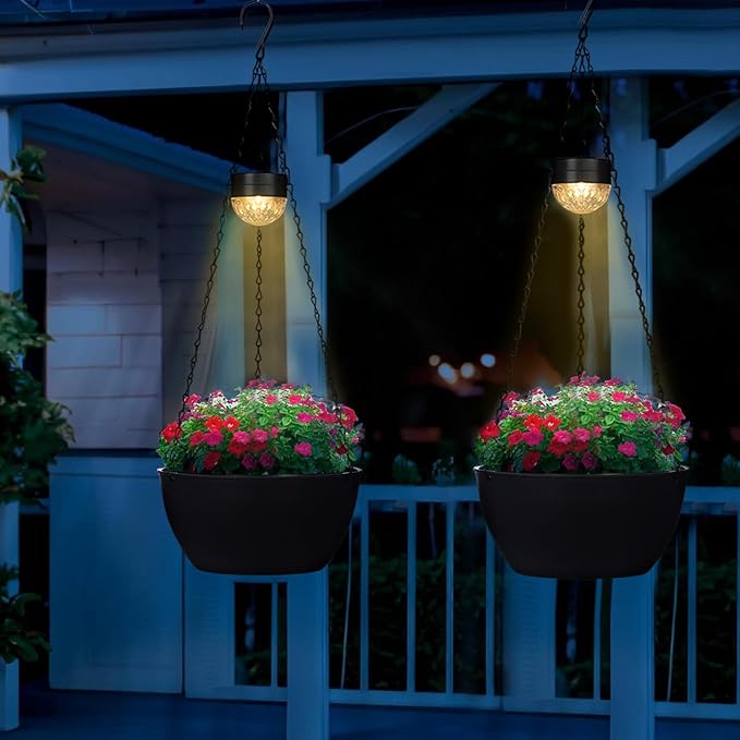 2 Packs Hanging Planters Basket for Outdoor Plants, Solar Powered Self Watering Black Round Plastic Flower Pots with Drainer for Balcony Patio Garden Outdoor Decoration