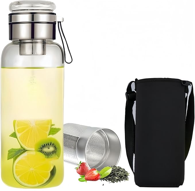 24OZ Borosilicate Glass Infuser Water Bottle,Glass Tea Tumbler with Strainer and Anti-slip Sleeve, Sport Water Bottles for Gym Hiking Camping