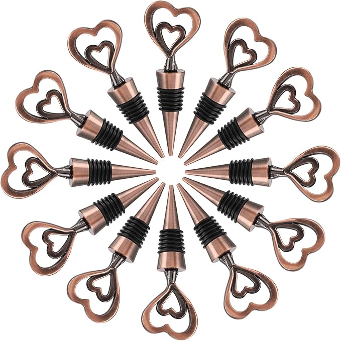 12PCS Valentine's Day Wedding Favors for Guests,Happy Birthday Graduation Gifts Double Heart Wine Bottle Stoppers Bridal Shower Anniversary Party Decor (12,Bronze Heart)