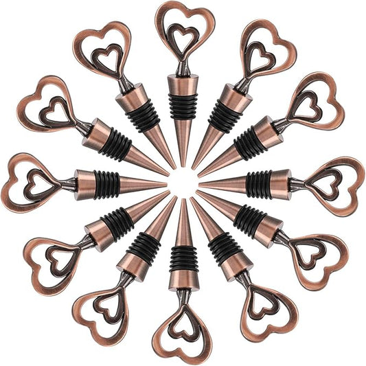 12PCS Valentine's Day Wedding Favors for Guests,Happy Birthday Graduation Gifts Double Heart Wine Bottle Stoppers Bridal Shower Anniversary Party Decor (12,Bronze Heart)