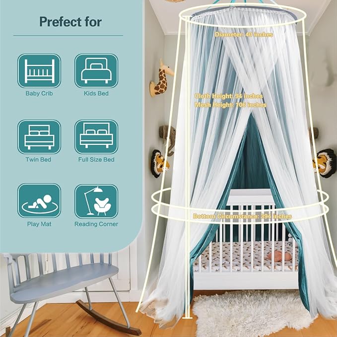40"x 106" Bed Canopy for Girls & Adults, Double Layer Princess Round Dome Bed Curtain Canopy Drapes, Dreamy Mosquito Net Reading Nook, Bedroom Decoration (Dark Teal)