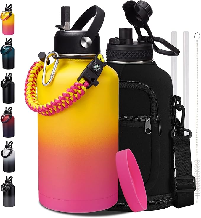 64 oz Insulated Water Bottle - with Straw, Spout Lids, Bottle Sleeve & Paracord Handle, Sports Gym Workout Metal Waterbottle Cold 48H, Hot 24H, Half Gallon Stainless Steel Water Jug Thermo Flask