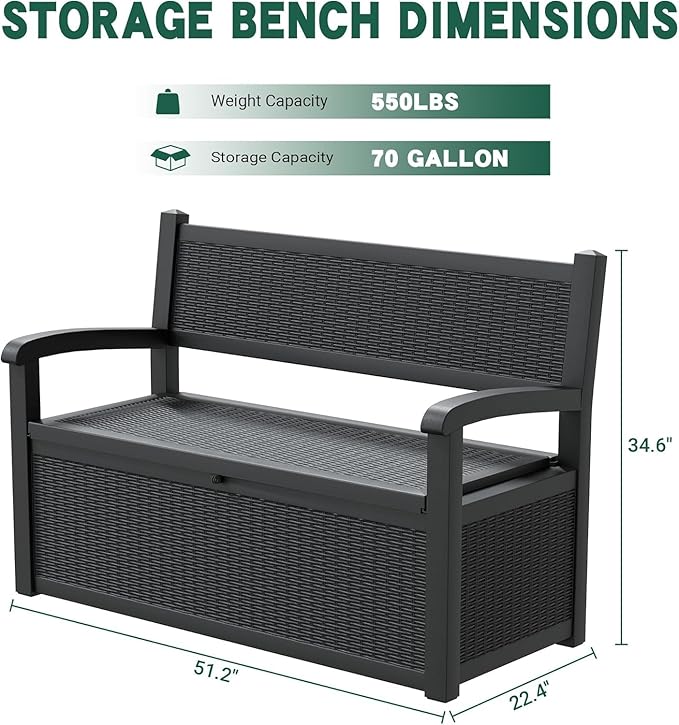 70 Gallon Lockable Outdoor Storage Bench Waterproof, Deck Box Bench for Patio, Porch, Garden, Poolside, Stores Tools & Pool Supplies, Heavy-Duty Outdoor Bench with Storage, Black