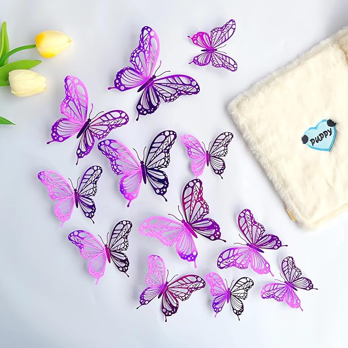 3D Butterfly Wall Decor 48 Pcs 4 Styles 3 Sizes, Butterfly Birthday Decorations Butterfly Party Decorations Cake Decorations, Removable Stickers(Purple)