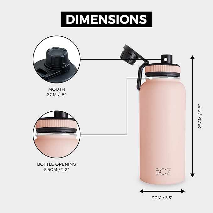 BOZ Stainless Steel Water Bottle - Vaccum Insulated Water Bottle 32 Oz - Wide Mouth BPA Free Sport Water Bottle for Gym with Spout Lid - Thermal Hot & Cold 1 Litre Pink Water Bottle