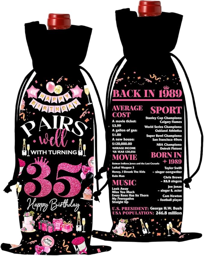 35th Birthday Gifts for Women Men Wine Bags, 35 Year Old Birthday Gifts for Women Men, Happy 35th Birthday Party Decorations for Women Men, Pairs Well with Turning 35 Wine Bags (Black Pink)