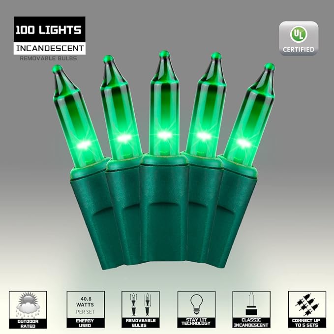 100LIGHTS Green Extra-Bright with End Connectors Christmas Decorative Lights 5.98m UL Certified Mini String Light Set Waterproof for Home Garden Holiday Christmas Tree Party Patio Wedding