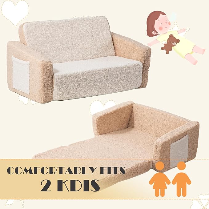 Baby Toddler Sofa Couch for Kids Extra Wide 2-in-1 Toddler Sherpa Fold Out Couch Bed for Playroom, Pull Out Children Convertible Sofa to Lounger for Boys & Girls with Double Pockets, Khaki-Cream