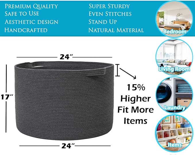 24" x 24" x 17" Max Size Large Cotton Rope Basket, Extra Large Storage Basket, Woven Laundry Hamper, Cloth Storage Bin, for Blankets Clothes Towels Pillows in Living Room, All Dark Grey