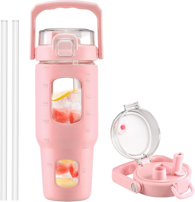 BLUEGO 32oz Glass Water Bottle with Handle and Straw|Leakproof Sports Glass Bottle with Time Marker and Silicone Sleeve|Glass Drinking Bottle for Travel, Gym, Workout, Pink