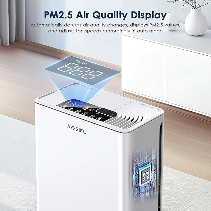 AMEIFU Air Purifiers for Home Large Room up to 2300sq.ft, H13 True Hepa Air Purifiers for Pets Hair, Dander, Smoke, Pollen, 3 Fan Speeds, 5 Timer Air Cleaner