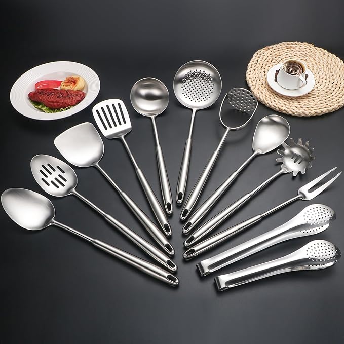 304 Stainlss Steel Kitchen Utensils Set, 12 Pcs Long Metal Cooking Utensil Gadgets Tools Set with Spatula, Ladle, Spoon, Ladle, Skimmer, Tunner, Pasta Server, Tongs(Silver, Dishwasher Safe)