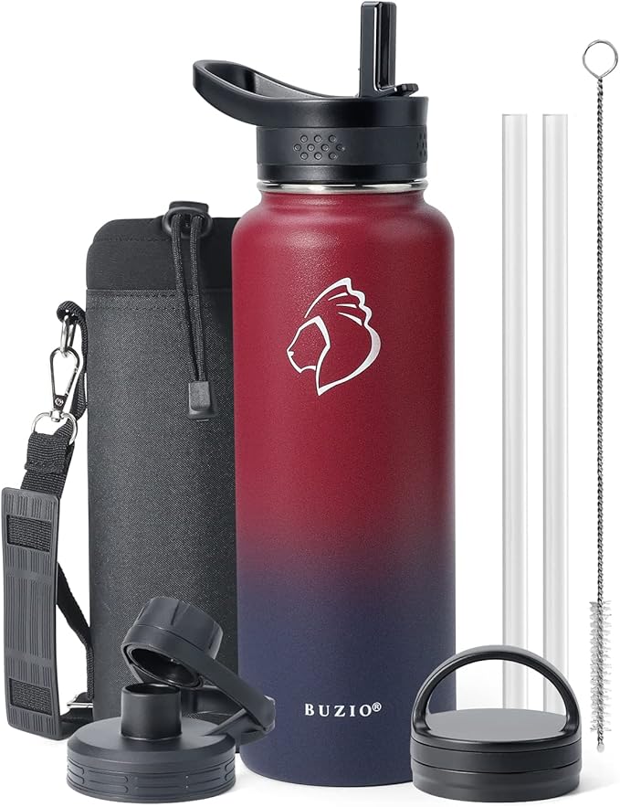 BUZIO Water Bottle with Straw lid, Spout Lid, Hand Lid and Carrying Pouch, 32oz 40oz 64oz Stainless Steel Water Flask Jug, Cold for 48 Hrs Hot for 24 Hrs Double Vacuum Thermo Canteen Mug, BPA-Free