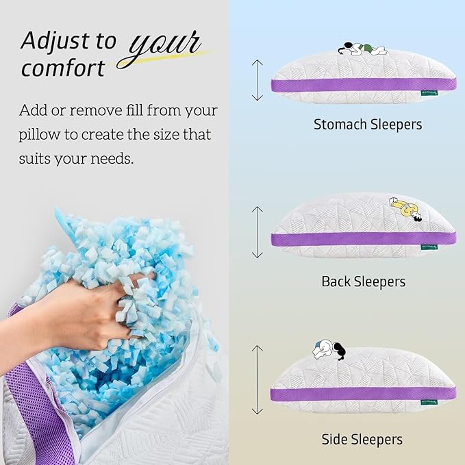 BETU Cooling Pillow Queen Size, Shredded Memory Foam Cool Pillow for Hot Sleepers, Adjustable Firm Soft Support Bed Pillows Perfect for Back Neck Pain and Side Sleeping with Pillow Case Cover, Purple