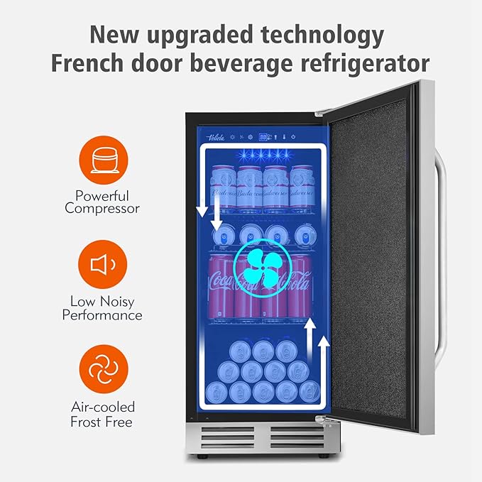 15 Inch Outdoor Beverage Refrigerator Cooler,Stainless Steel 127 Cans Beverage Fridge with French Door Under Counter Built-in or Freestanding, Perfect for Beer, Cola
