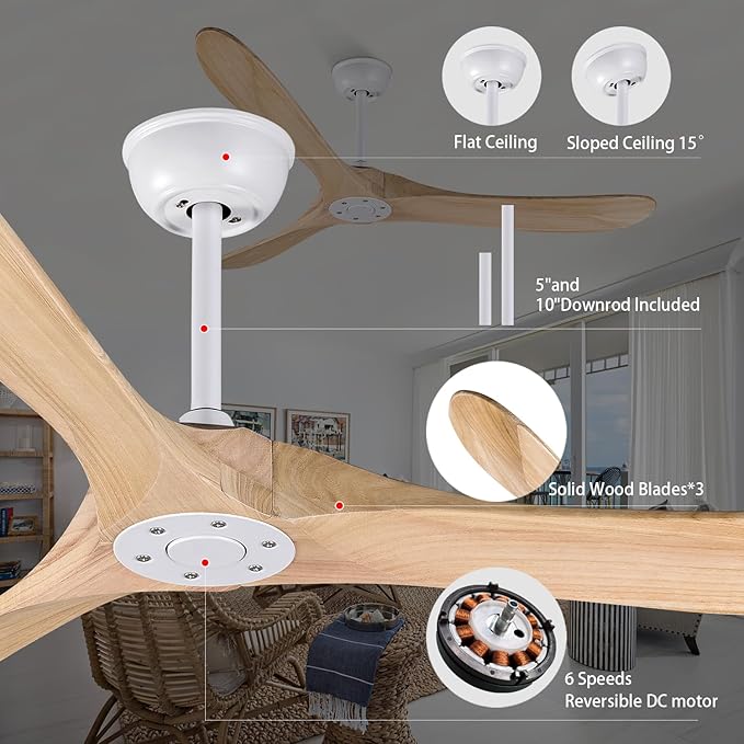 Bigzone 60" Modern Ceiling Fan No Light, Energy Efficient DC Motor, 3 Balsa Wood Blades, Wood Ceiling Fan With Remote Control,Reversible Blades