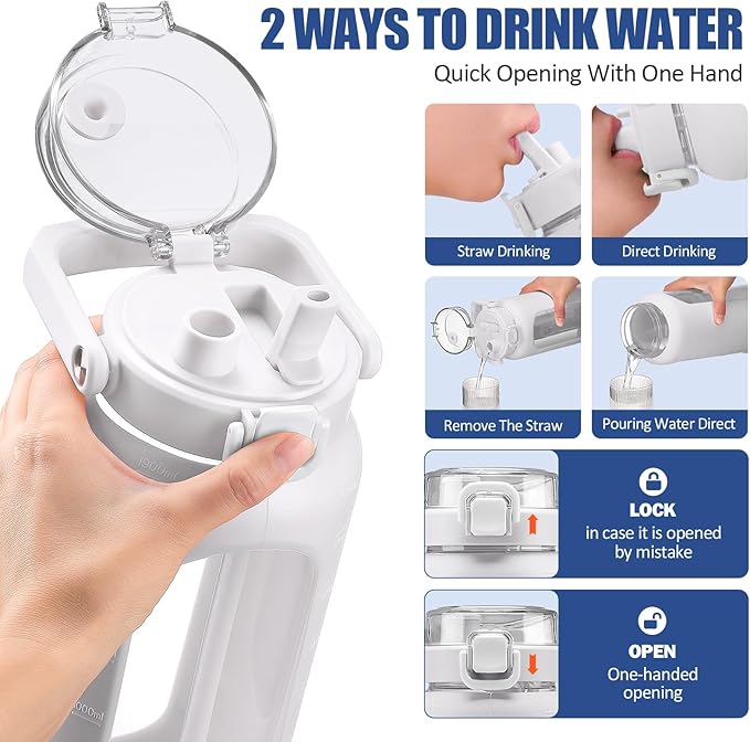 BLUEGO 64oz Glass Water Bottle with Handle and Straw, Motivational Sports Water Bottle with Time Marker and Silicone Sleeve Leakproof Drinking Bottle for Travel Gym Workout, White