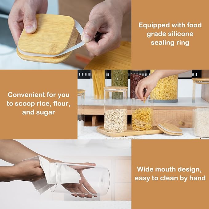 22oz Straight cylindrical Airtight Storage Jars with Bamboo Lid Set of 6 Storage Container Stackable Spice Jar, Kitchen Canister for Sugar, Tea, Cookies and Coffee beans (with Black Lable)